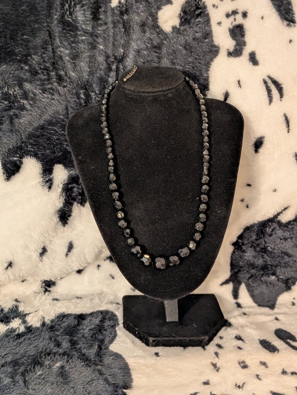 Vintage French Jet Black Faceted Graduated Crystal Bead Strand Necklace